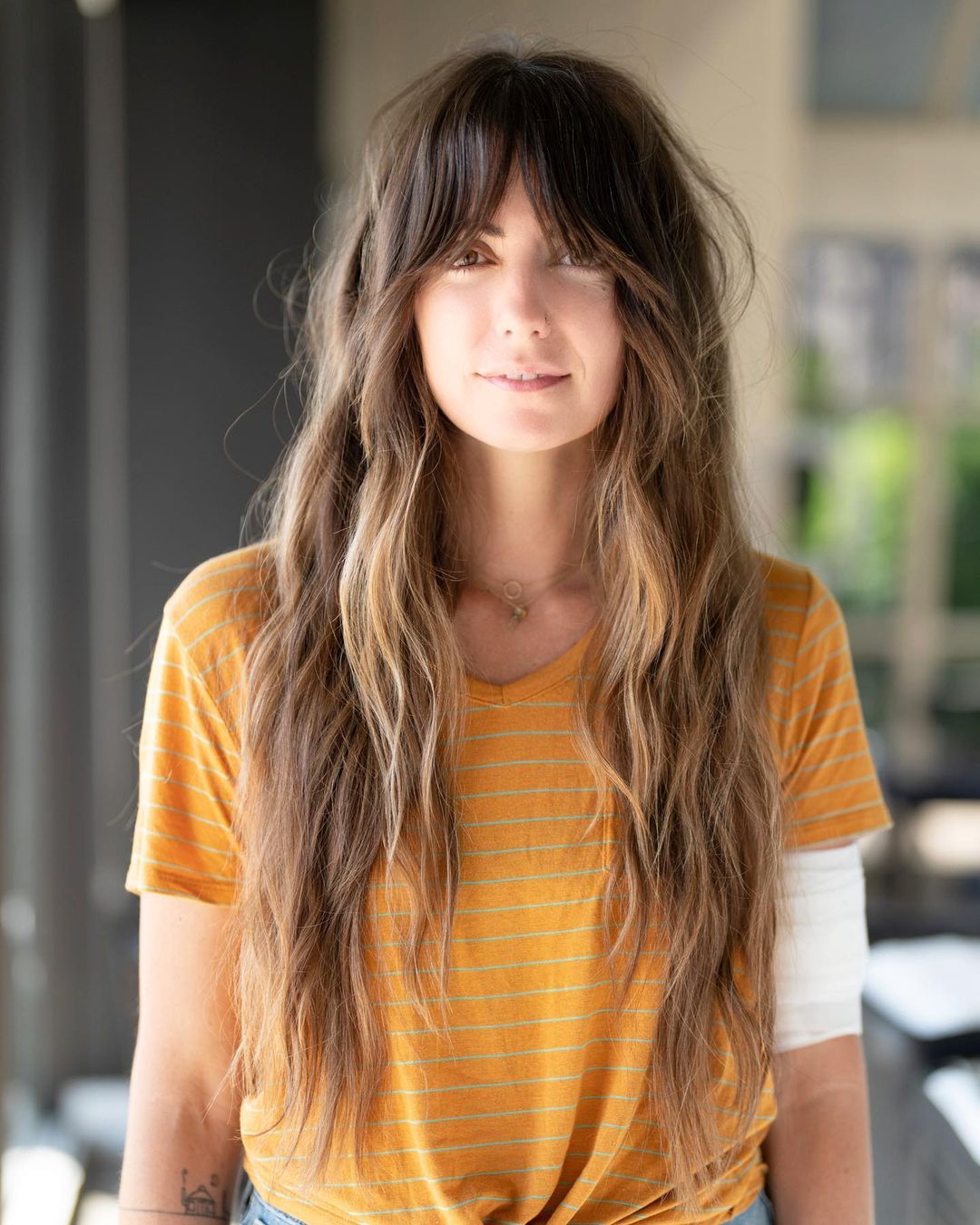 Waist-Length Wavy Shag with Curtain Bangs